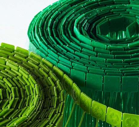 Close-up of recycled fasteners made from plastic beverage bottles